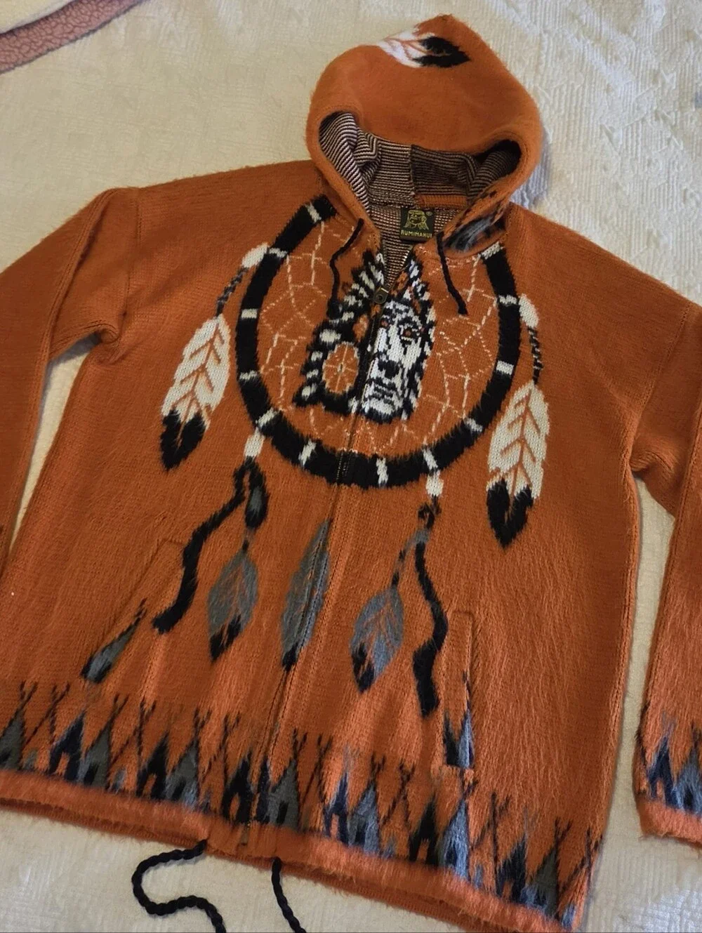 Vintage Tejidos Rumiñahui Wool Dreamcatcher Hooded Sweater Jacket